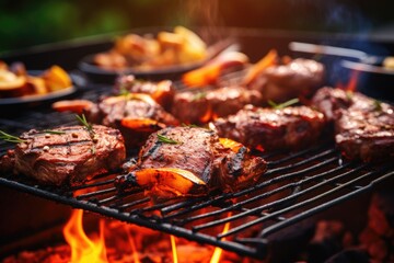 Mouthwatering steaks and vegetables sizzling on the grill, creating a flavorful, wholesome BBQ meal, Day celebration with meat on the barbecue and blurry background, AI Generated