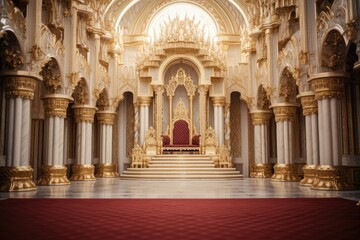 A photograph showcasing a church adorned with a red carpet and a striking gold altar, capturing the essence of religious reverence, Decorated empty throne hall, AI Generated