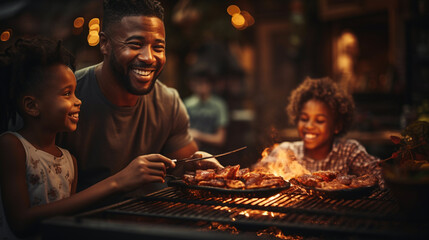 An African-American family barbecues - obrazy, fototapety, plakaty