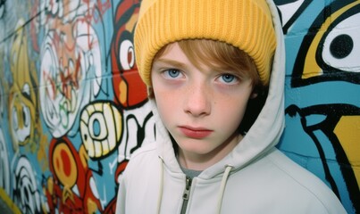 A determined young boy in a yellow hat and white hoodie precariously balances on a unicycle amidst a chaotic urban street scene. Generative AI.