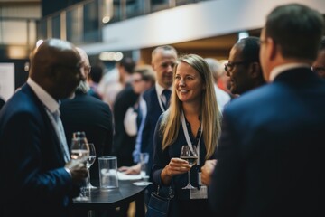 A gathering of individuals socializing around a table while holding and drinking from wine glasses, Delegates networking at conference drinks reception, AI Generated - obrazy, fototapety, plakaty