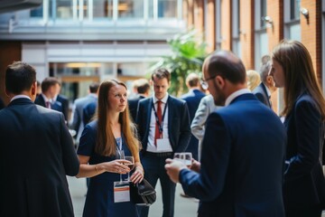 A diverse group of individuals standing together, actively participating in conversations and engaging with one another, Delegates networking at conference drinks reception, AI Generated - obrazy, fototapety, plakaty