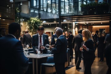 A diverse group of individuals standing around a table engaged in conversation and collaboration, Delegates networking at conference drinks reception, AI Generated