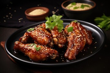 Fototapeta premium A black plate topped with chicken wings covered in delectable sesame seeds that are sure to tantalize your taste buds, Delicious crispy BBQ chicken wings with sesame, AI Generated