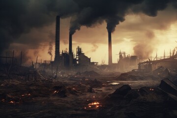A factory emitting thick smoke into the air, causing pollution and contributing to environmental degradation, destroyed factory with smoke from chimneys, AI Generated