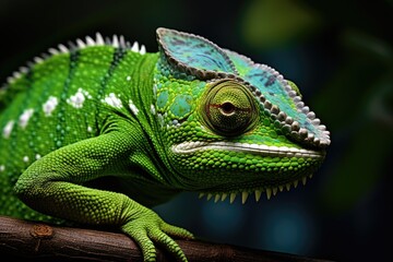 Obraz premium A vibrant green chameleon sits atop a tree branch, blending perfectly into its natural surroundings, Detailed Green chameleon closeup, AI Generated