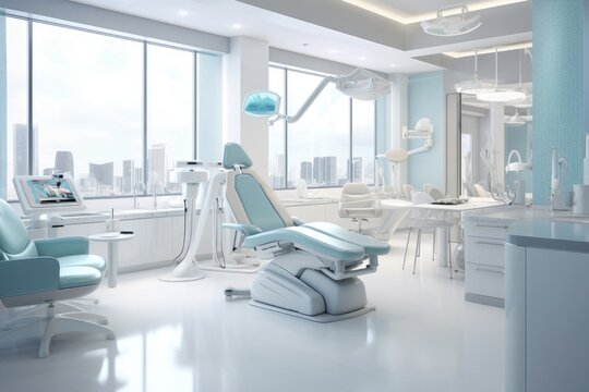 An image of a dentists office featuring a chair and desk for patient and administrative purposes, Dentist office white interior with medical equipment, AI Generated