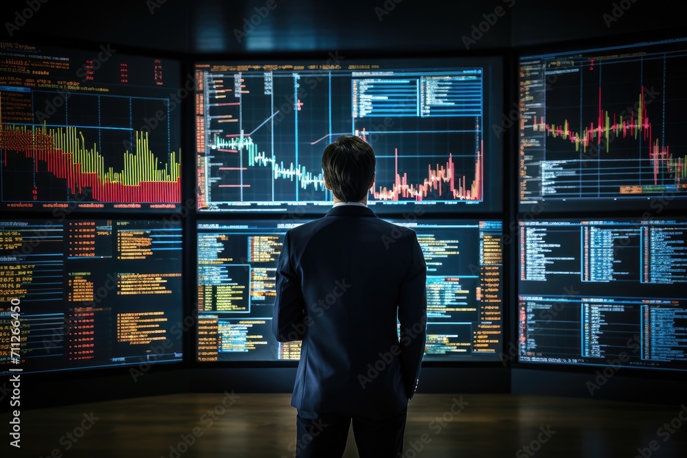 Poster man standing in front of wall of screens at command center, finance trade manager analyzing stock ma