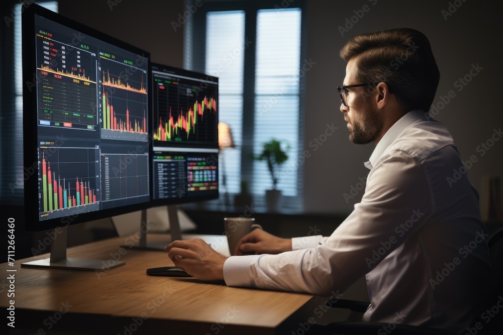 Poster a man is sitting at a desk and working on a computer monitor, finance trade manager analyzing stock 
