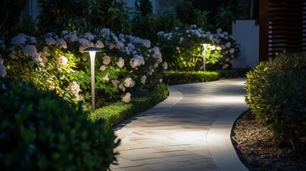 Landscape garden with ambient lighting and illuminated pathway in front of modern house