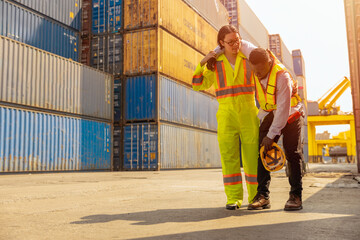 black african worker accident leg injury medic medical team staff help support in port cargo container yard - obrazy, fototapety, plakaty