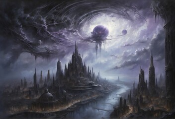 In an ethereal blend of artistry, an augmented eldritch cloud city emerges ominously on a vast canvas, its towering structures seemingly crafted from the darkness itself.