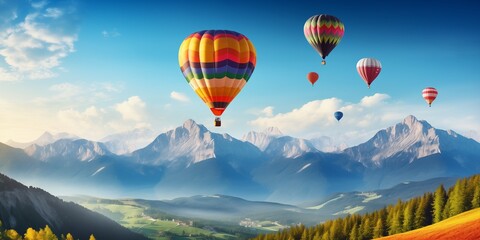 Fototapeta premium Colorful hot-air balloons flying over the mountain