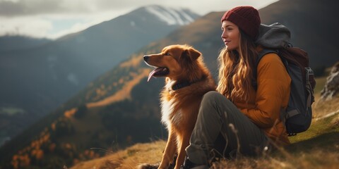 girl with a toller dog in the mountains