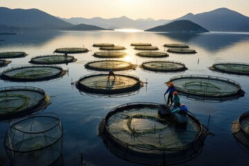 A group of individuals stands together on the surface of a vast body of water, fish farm farming with nets, AI Generated