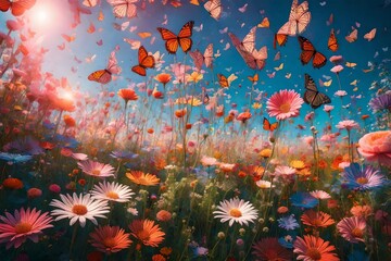 Obraz na płótnie Canvas A fantastical summer meadow where butterflies take on ethereal, otherworldly forms, hovering over a landscape filled with surreal, oversized flowers
