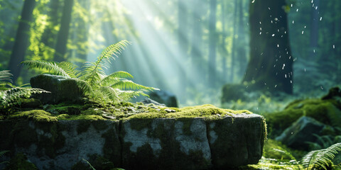 Empty stone pedestal overgrown with moss in a sunny forest - obrazy, fototapety, plakaty