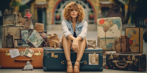 Fototapeta premium Traveler woman sits on retro suitcase 