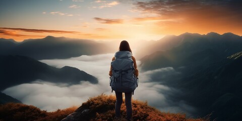 Obraz premium young woman with backpack enjoying sunset
