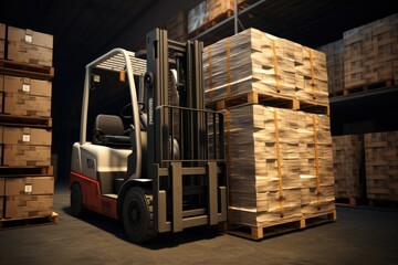 A forklift efficiently transports a stack of boxes within a busy warehouse, Forklift stuffing-unstuffing pallets of cargo to container on warehouse leveler dock, AI Generated