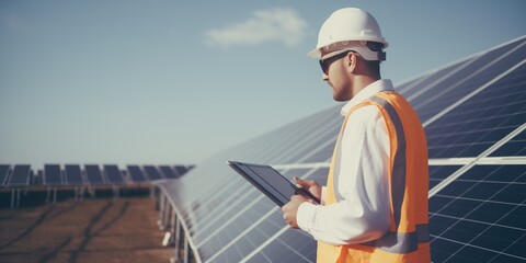 Young man engineer checks solar panels