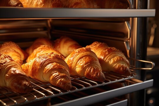 A variety of croissants are seen baking in a heated oven, emitting a mouthwatering aroma, fresh croissants in rack in bakery oven, AI Generated