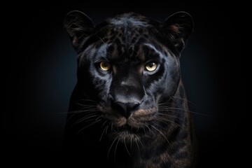 Take a closer look at the mesmerizing face of a black leopard, capturing its intense gaze and graceful expression, Front view of Panther on dark background, AI Generated