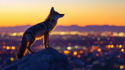 Closeup of a majestic coyote standing tall on a rocky outcrop silhouetted against the vivid hues of the setting sun just beyond th