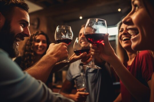 Group of People Toasting With Wine Glasses, Friends toasting red wine glass and having fun cheering at winetasting experience, AI Generated