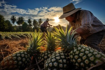 Two men are seen picking ripe pineapples in a field full of pineapple plants, Gardeners farmer...