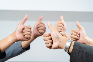 Thumbs up with hands of a business team or group giving their approval, saying thank you or giving motivation together in their office at work.