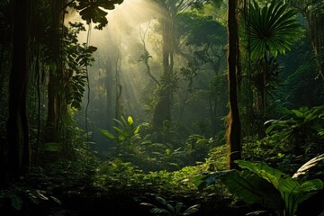 An enchanting forest bursting with a vibrant array of green plants and towering trees, Dense jungle landscape with dark green trees and sunbeams filtering through, AI Generated
