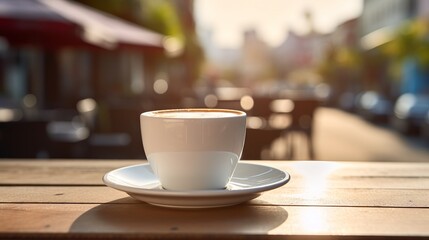 Morning coffee in outdoor cafe with city street view. White ceramic cup of hot coffee on wooden table with bokeh background of urban traffic.