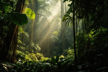 A breathtaking forest teeming with an abundance of trees and natural beauty, Dense jungle landscape with dark green trees and sunbeams filtering through, AI Generated