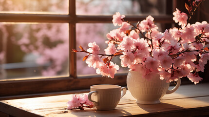  beautifully captures a serene morning setting with cherry blossoms arranged in a vase near a window. The warm sunlight filters through the window, illuminating the pink blossoms and casting a soft gl