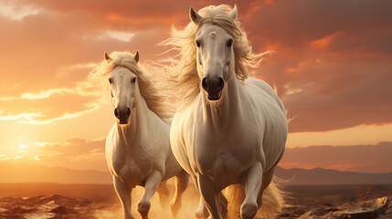 Obraz premium Couple white horse with long mane against sunset sky.