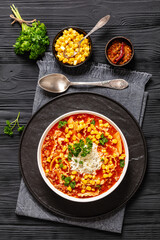 lasagna soup with ground beef, corn, tomato paste