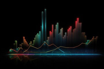 An image featuring vibrant lines and buildings set against a dark background, Financial graph chart hologram on a black background, AI Generated