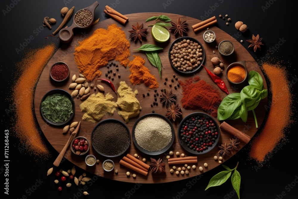 Poster assortment of different types of spices perfectly arranged , follow the spice trails with a map high