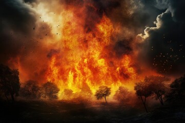 Fototapeta na wymiar A massive fire blazes in the sky, creating a mesmerizing and powerful sight for onlookers, Forest fire natural disaster concept, burning fire in the trees on the India flag background, AI Generated