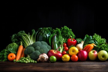 Assorted Fresh Vegetables on Table, A Colorful Array of Natures Bounty, Fresh fruits and vegetables arranged on a dark rustic background, highlighting the concept of healthy food, AI Generated