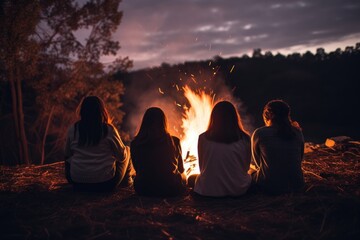 People Sitting Around a Fire, Gathering in Nature, Enjoying Each Others Company, Friends sitting in front of a bonfire, top section cropped, no visible faces, AI Generated