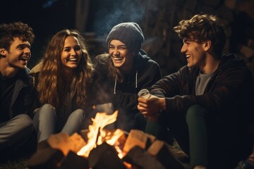 Group of Young People Gathered Around Campfire Enjoying the Outdoors, Friends sitting in front of a bonfire, top section cropped, no visible faces, AI Generated