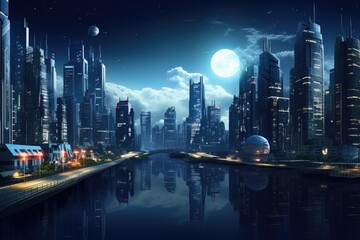 Futuristic City With River, A Vision of Urban Advanced Civilization, Futuristic city depicted at night in a 3D rendering, created through computer digital drawing, AI Generated