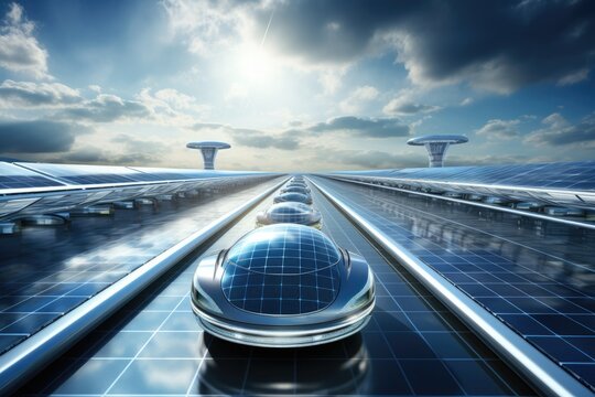 An image of a modern airport set against a clear blue sky with fluffy white clouds, Future cars running on solar energy with solar panels, eco-friendly, AI Generated