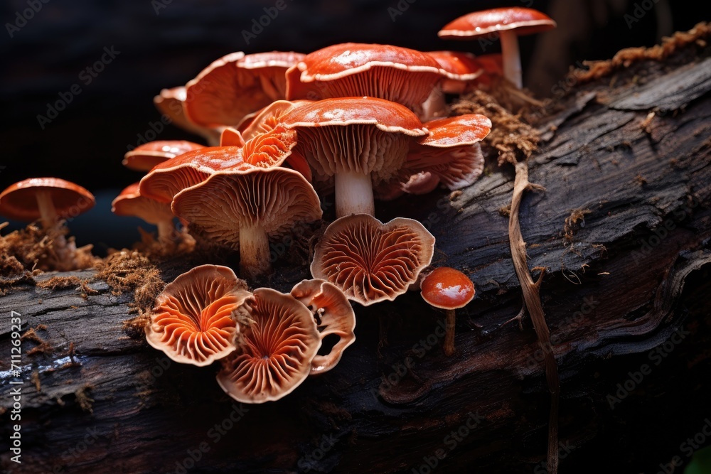 Poster a group of mushrooms sits on top of a tree branch against the backdrop of a lush forest, ganoderma l