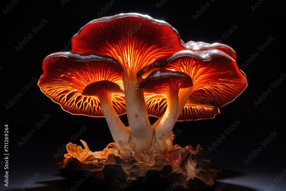 Poster group of mushrooms on table - natural background with fungi, ganoderma lucidum lingzhi mushroom is h