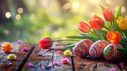 Background of wooden table with Easter egg and tulip. Easter Concept