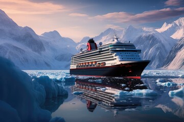 A cruise ship sailing in icy waters with a backdrop of towering icebergs, Cruise ship in majestic north seascape with ice glaciers in Canada, AI Generated - obrazy, fototapety, plakaty
