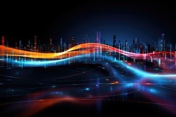 An electrifying abstract cityscape illuminated by vibrant lights and characterized by dynamic lines, Data transmission channel Motion of digital data flow, AI Generated